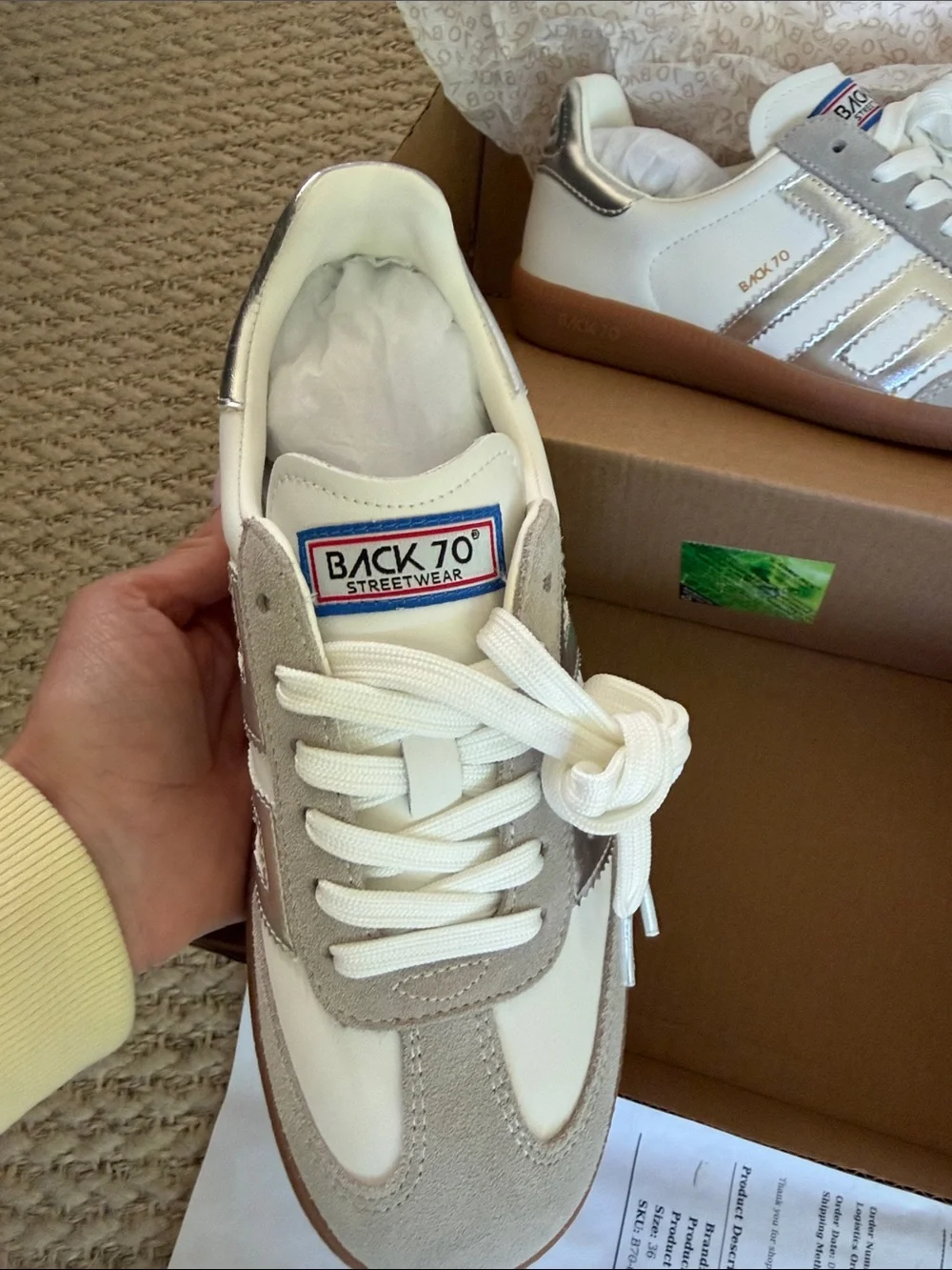 Back 70 Women’s White and Silver Low-Top Sneakers with Gum Sole - Picture 2 of 4
